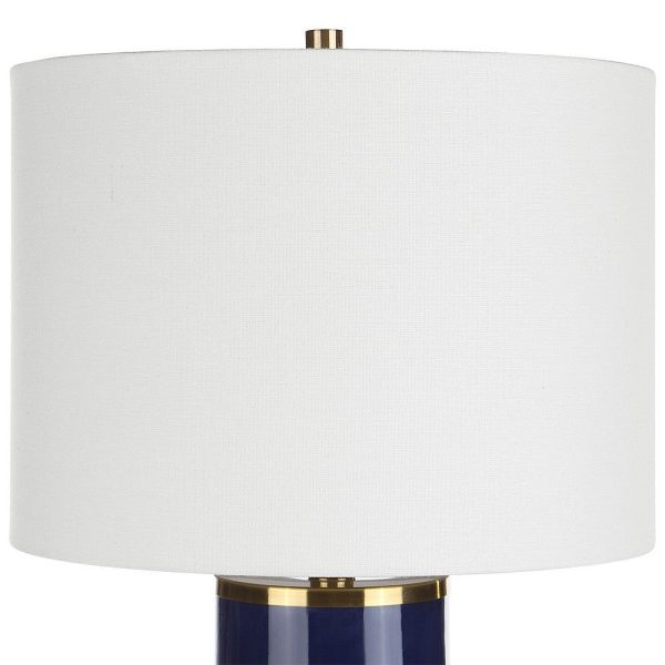 26 Inch Modern Table Lamp, Hardback Linen Shade, Ceramic Body, Blue, Gold By Casagear Home For Cheap - Image 3