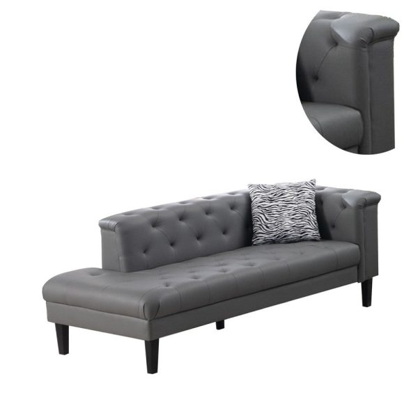 Ella 77 Inch Chaise with Pillow, Deep Button Tufted, Gray Vegan Leather By Casagear Home Fashion - Image 2