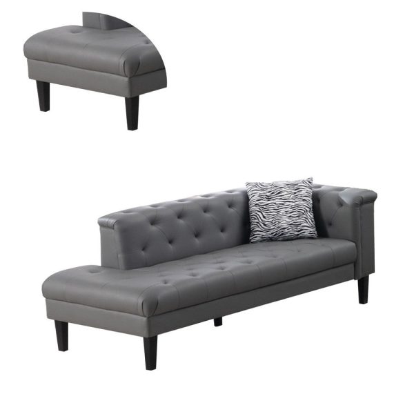Ella 77 Inch Chaise with Pillow, Deep Button Tufted, Gray Vegan Leather By Casagear Home Fashion - Image 3
